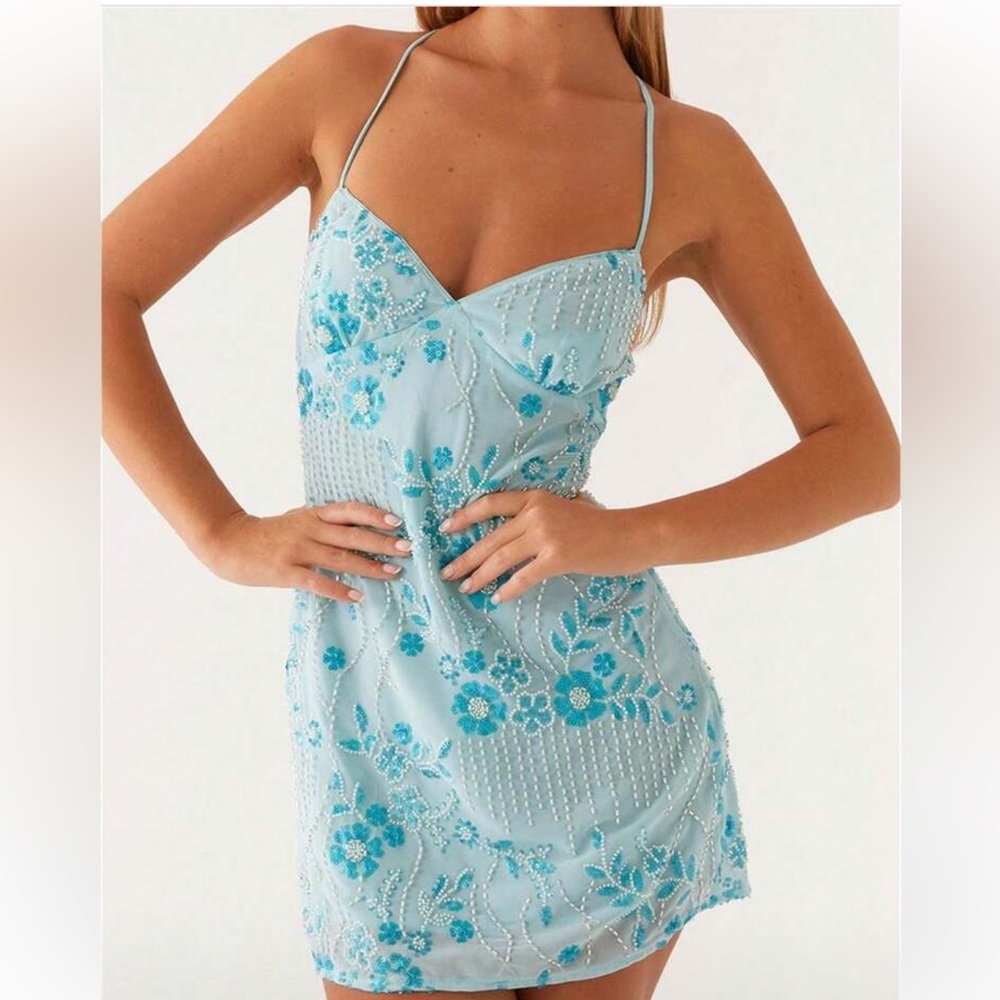 Blue floral sequin backless mini dress